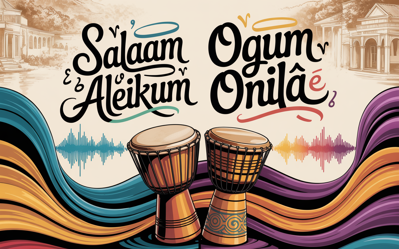 Mural com palavras em árabe e iorubá sobre tambores e luzes douradas, representando a conexão entre África e Bahia na música Charles Ylê RMX