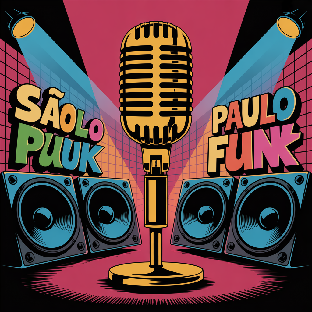 Arte digital mostrando um microfone dourado e grafites que representam o funk paulista moderno.