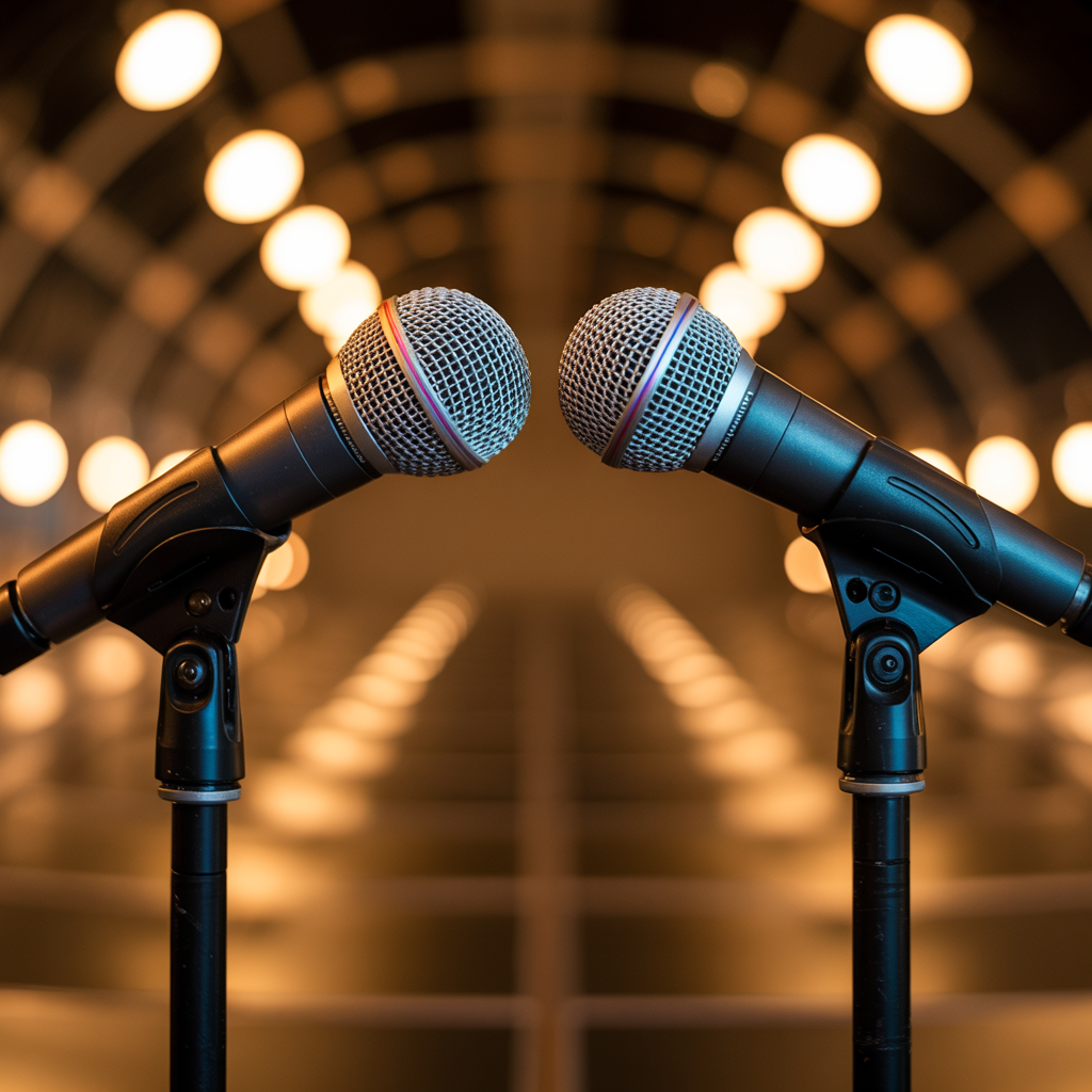 Dois microfones iluminados no palco simbolizando o dueto entre Zé Felipe e Ana Castela.”