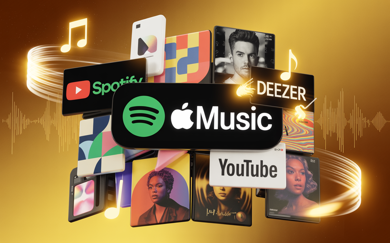 Recursos visuais para ouvir e estudar ‘Né’, incluindo plataformas de streaming e músicas de referência.