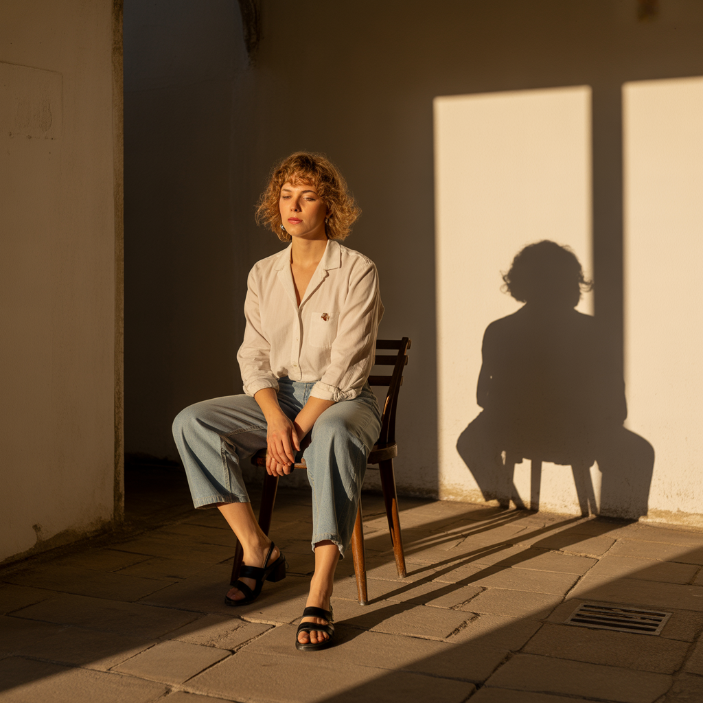 “Objetos cotidianos projetando sombras que parecem a figura de um ex-parceiro, simbolizando memória sensorial e ilusão.”