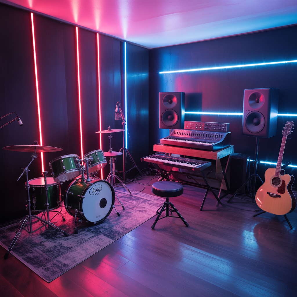 Estúdio musical moderno com bateria eletrônica, violão country e sintetizadores, simbolizando a produção limpa e energética do AgroPop.
