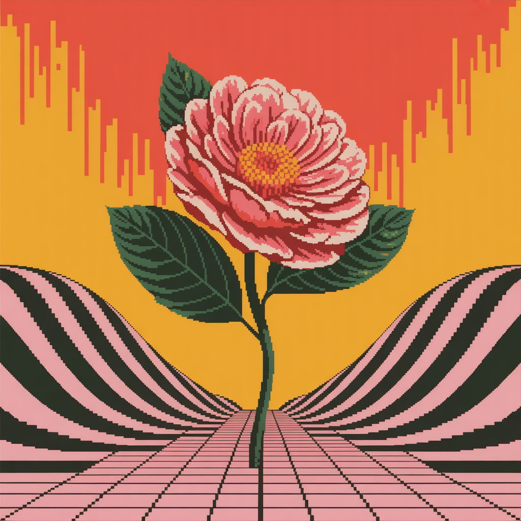 Arte abstrata simbolizando a subversão do romance, com flores pixelizadas e ondas sonoras intensas.