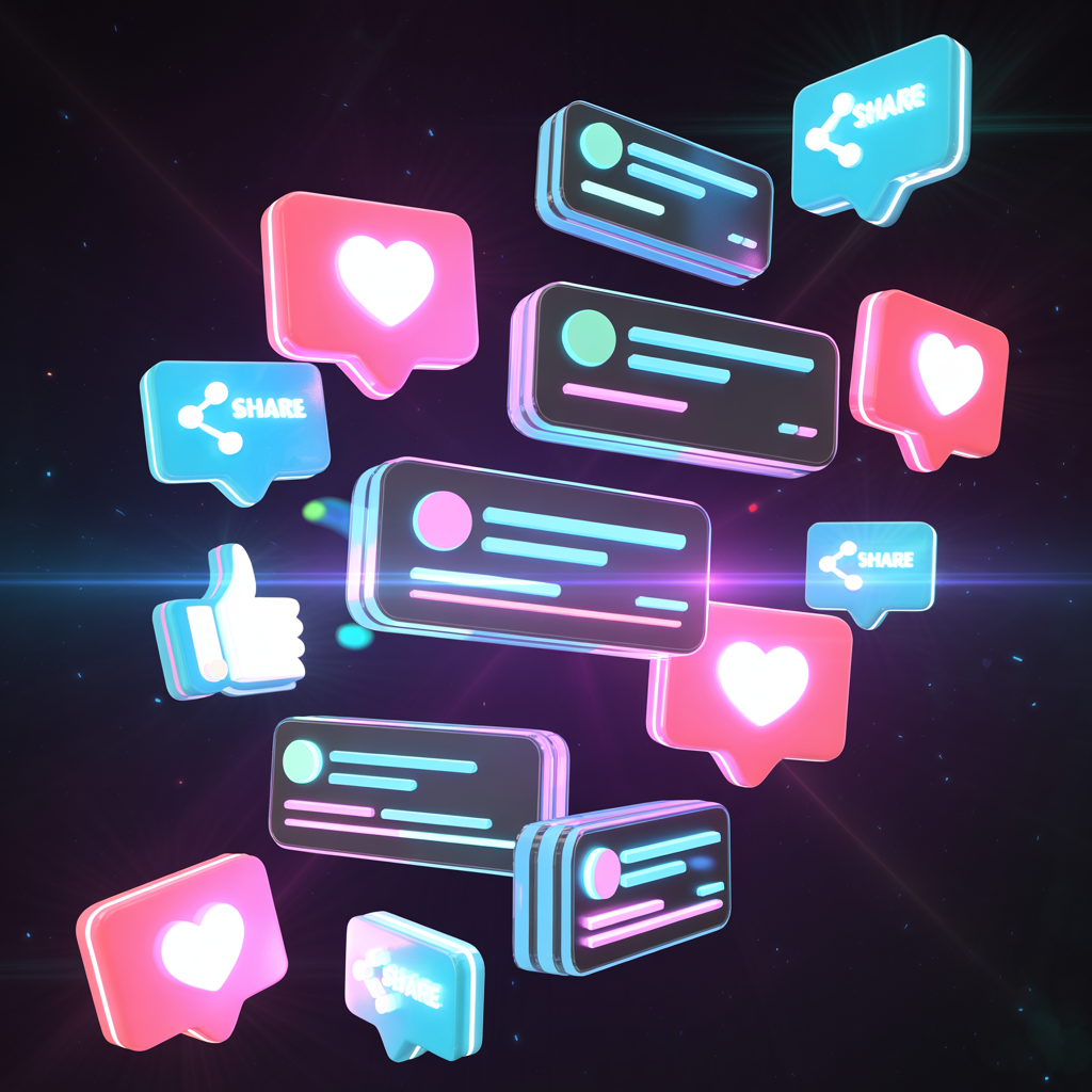 Imagem mostrando o conceito de validação social com ícones brilhantes de curtidas e notificações