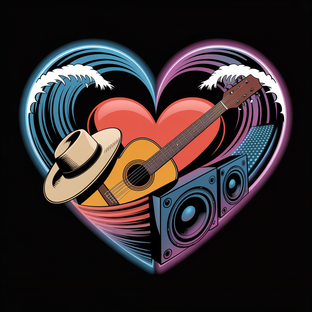 Ilustração simbólica mostrando um coração luminoso envolto por elementos sertanejos e urbanos se fundindo, representando a fórmula perfeita do crossover Sertanejo-Funk.