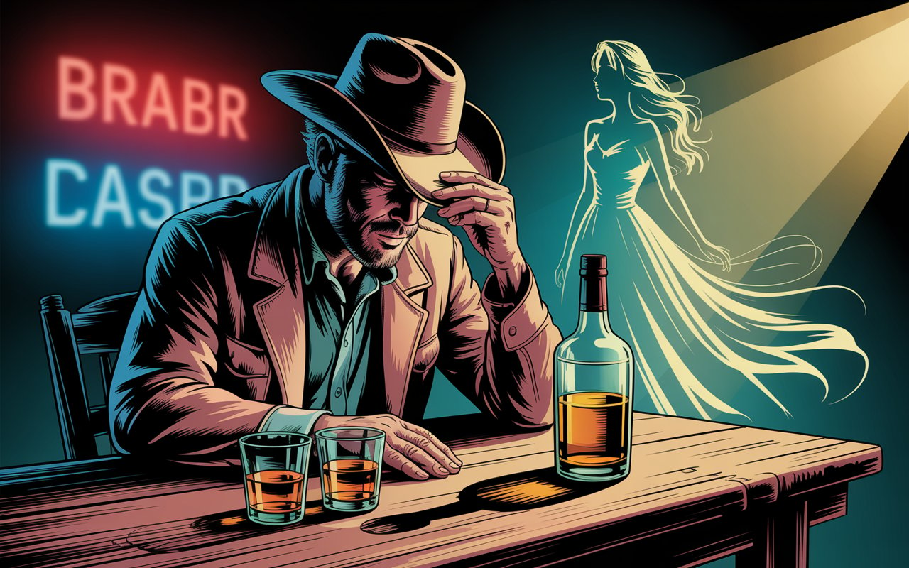 Ilustração de um cantor sertanejo sentado sozinho em um bar com garrafa pela metade, enquanto a silhueta da pessoa amada aparece como lembrança, simbolizando o tema alcoólico e emocional da música “Baqueado”.