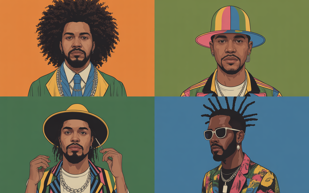 Colagem comparando artistas afro-eletrônicos brasileiros, mostrando fusões de samba-reggae, funk, candomblé e hip-hop com estilos modernos.
