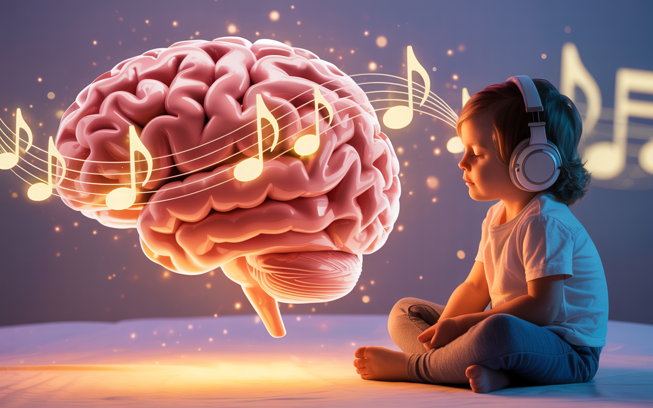 Representação do impacto positivo da música no cérebro infantil e no desenvolvimento cognitivo.