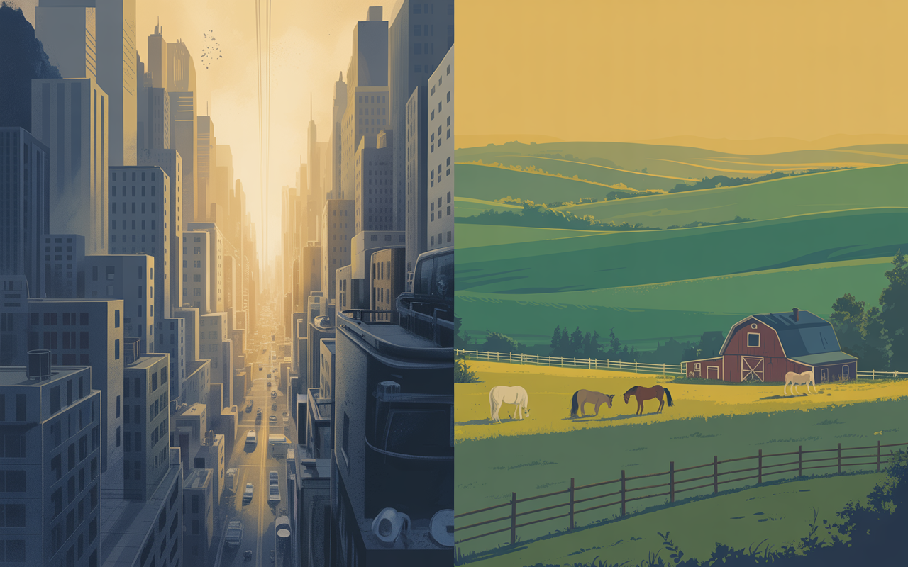 Cena dividida mostrando o contraste entre a cidade grande cinzenta e a fazenda iluminada pelo sol, simbolizando o conflito urbano vs rural de “Minha Herança”.