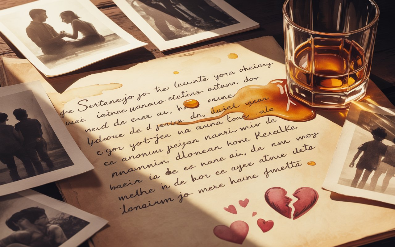 Ilustração de um coração partido se transformando em notas musicais que entram em um violão iluminado, simbolizando transformar dor em arte.