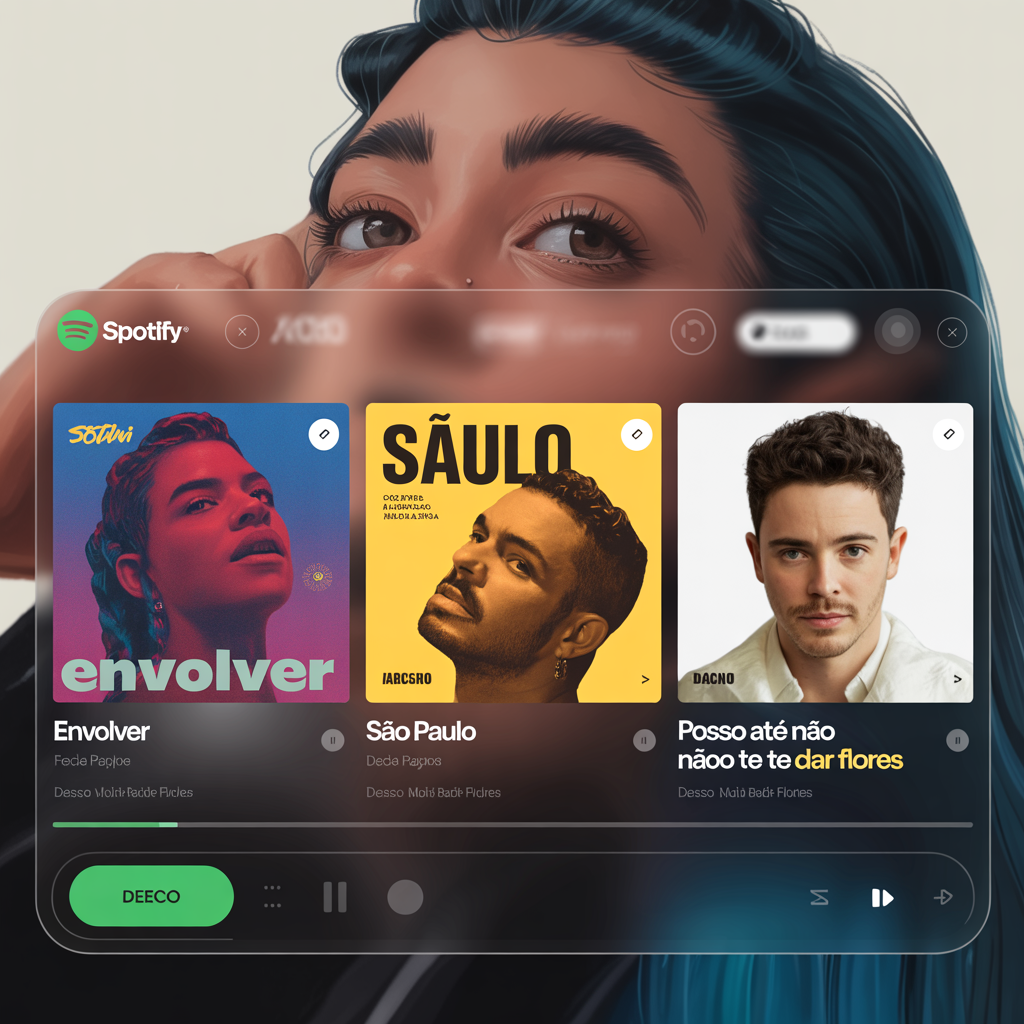 “Montagem visual com capas de músicas famosas brasileiras no Spotify, incluindo ‘Envolver’, ‘São Paulo’ e ‘Posso Até Não Te Dar Flores’. Estilo realista digital.