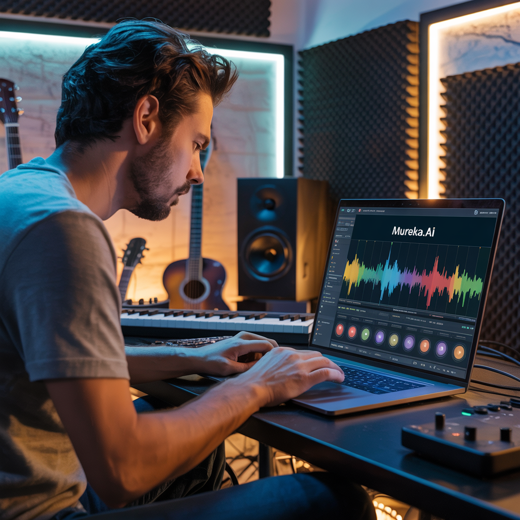 Produtor compondo versão sertaneja romântica com apoio da inteligência artificial da plataforma Mureka.ai.