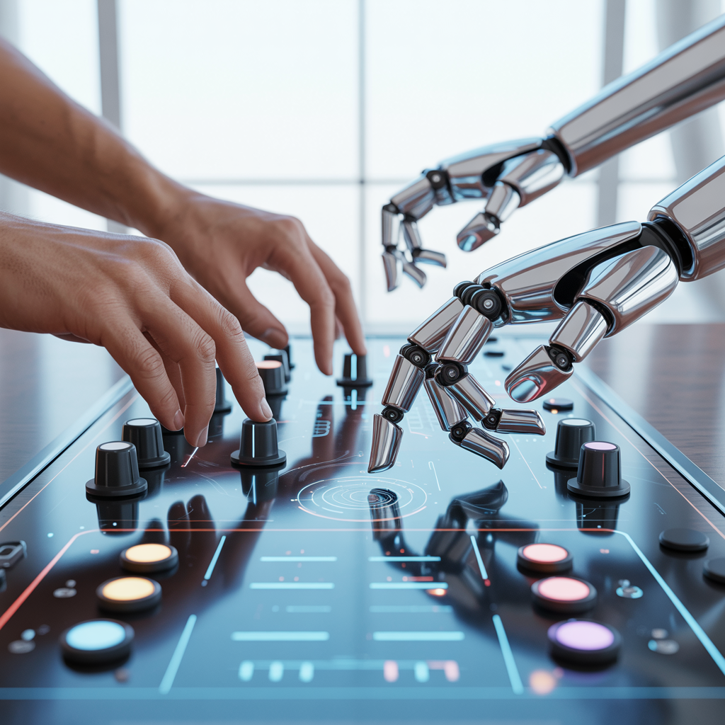 Produtor humano e IA ajustando controles em um estúdio futurista