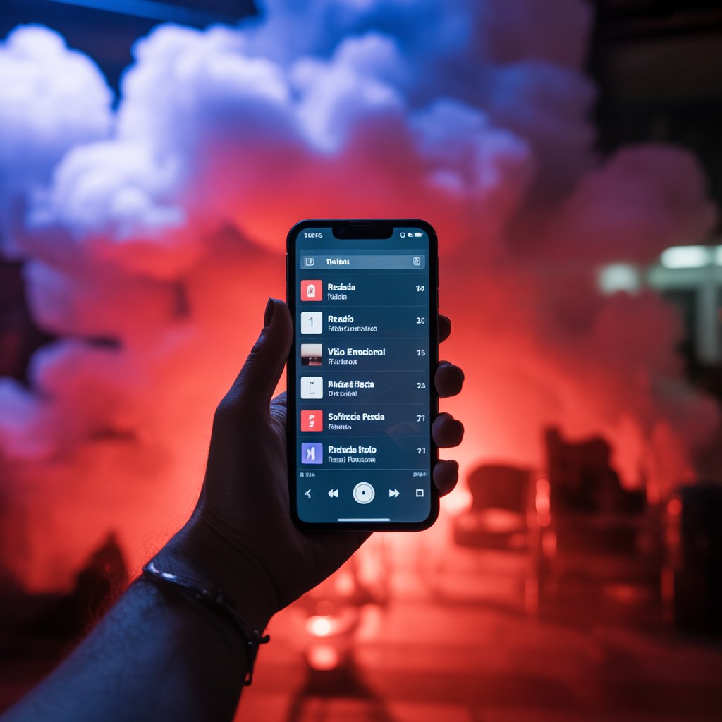 “Smartphone com playlists relacionadas à recaída e sofrência, representando consumo recorrente.”