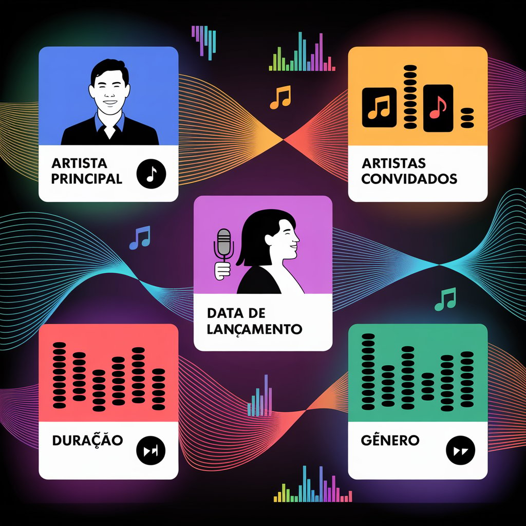 Infográfico colorido com detalhes de uma música: artistas, data, gênero e duração.