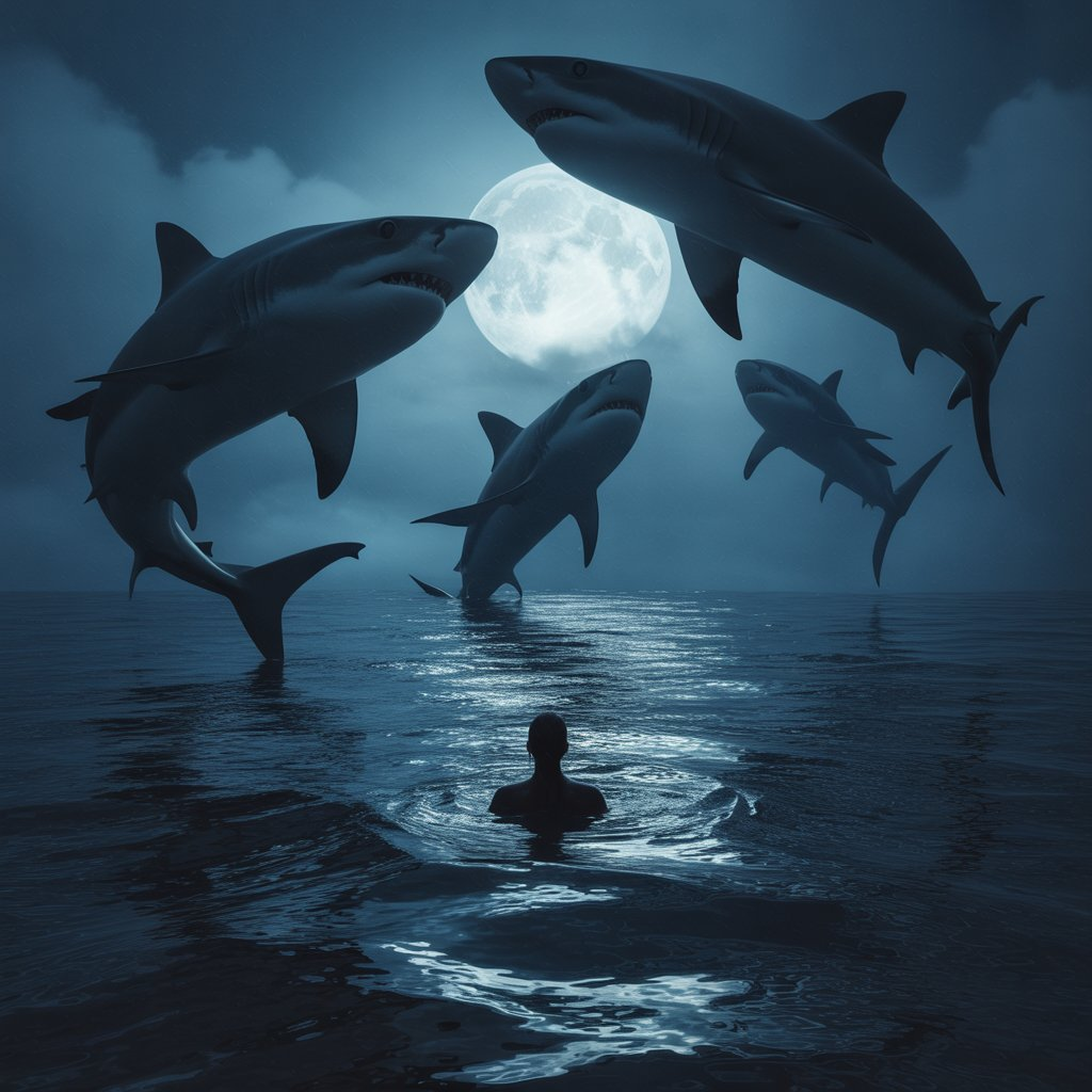 Pessoa sozinha no mar escuro com tubarões ao redor, simbolizando os desafios enfrentados após o abandono no fim do relacionamento.