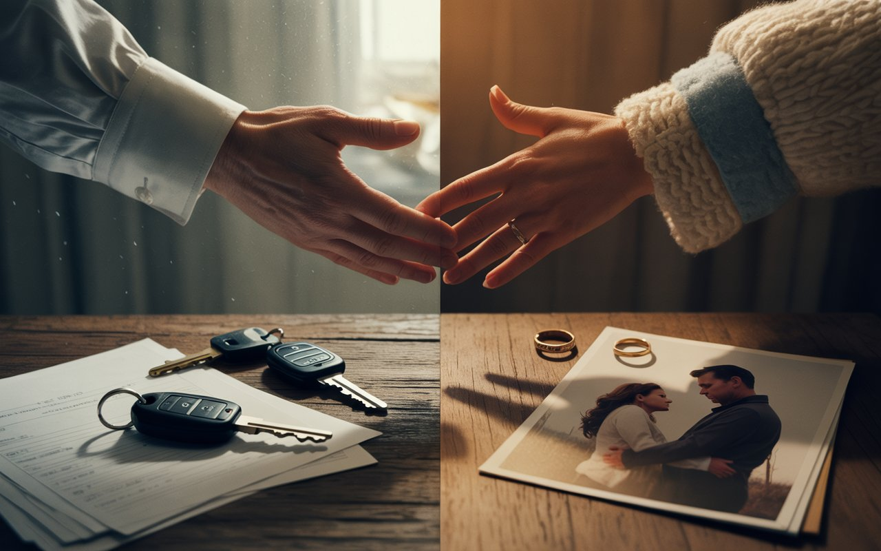 Visualização da divisão patrimonial e emocional após término, destacando perdas materiais e afetivas na música ‘Né’.