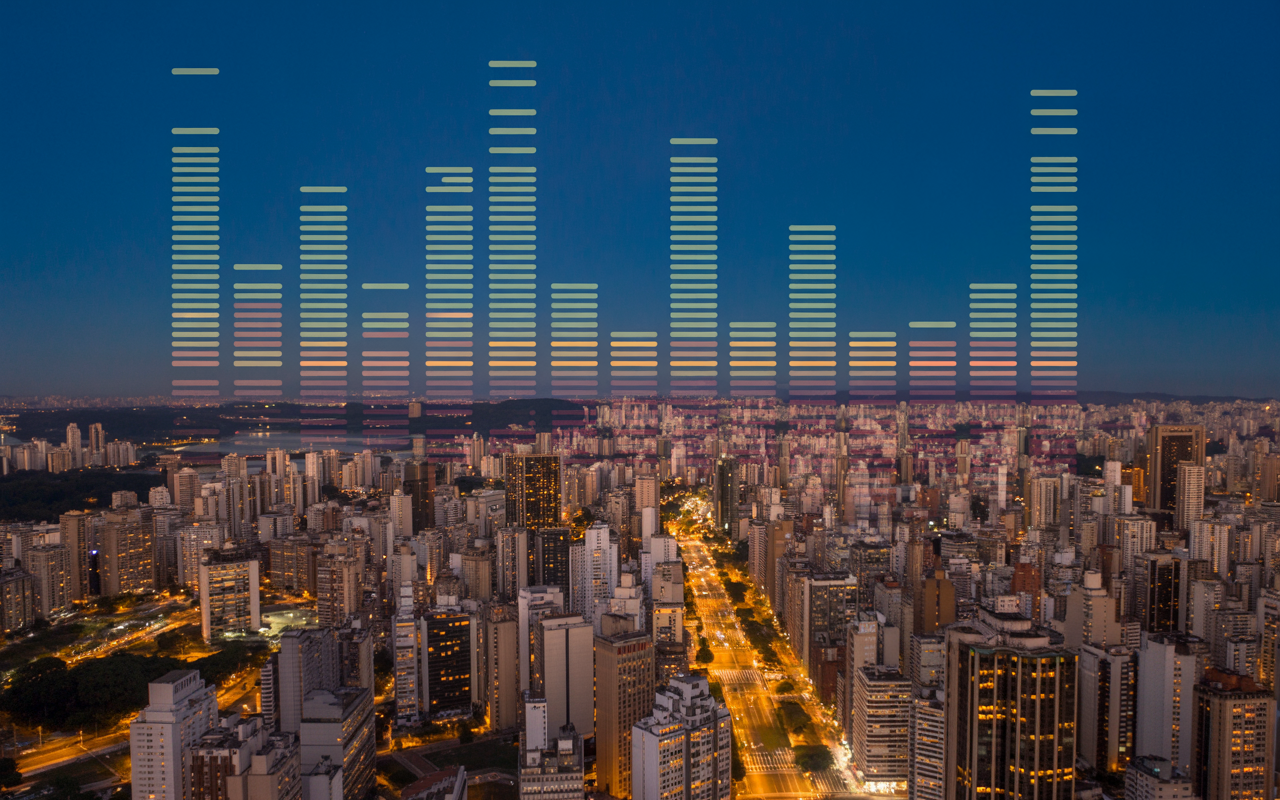 Luzes da cidade de São Paulo à noite formando um equalizador luminoso, representando o impacto global do funk.