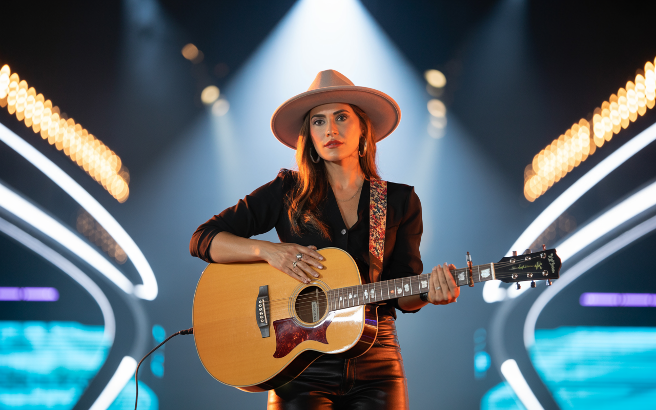 Retrato de Ana Castela com seu chapéu de boiadeira, cercada por elementos de country pop moderno, destacando sua identidade visual e vocal.