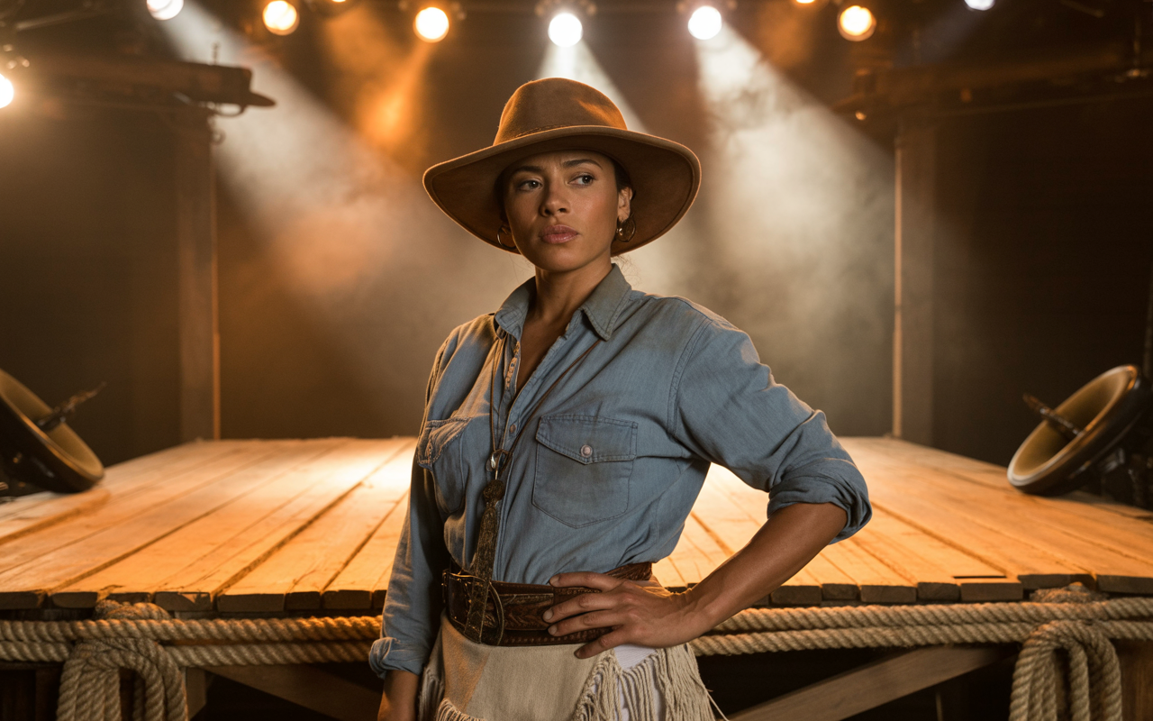 Retrato de Ana Castela em cenário rural iluminado, representando sua conexão com a “Herança Boiadeira”.
