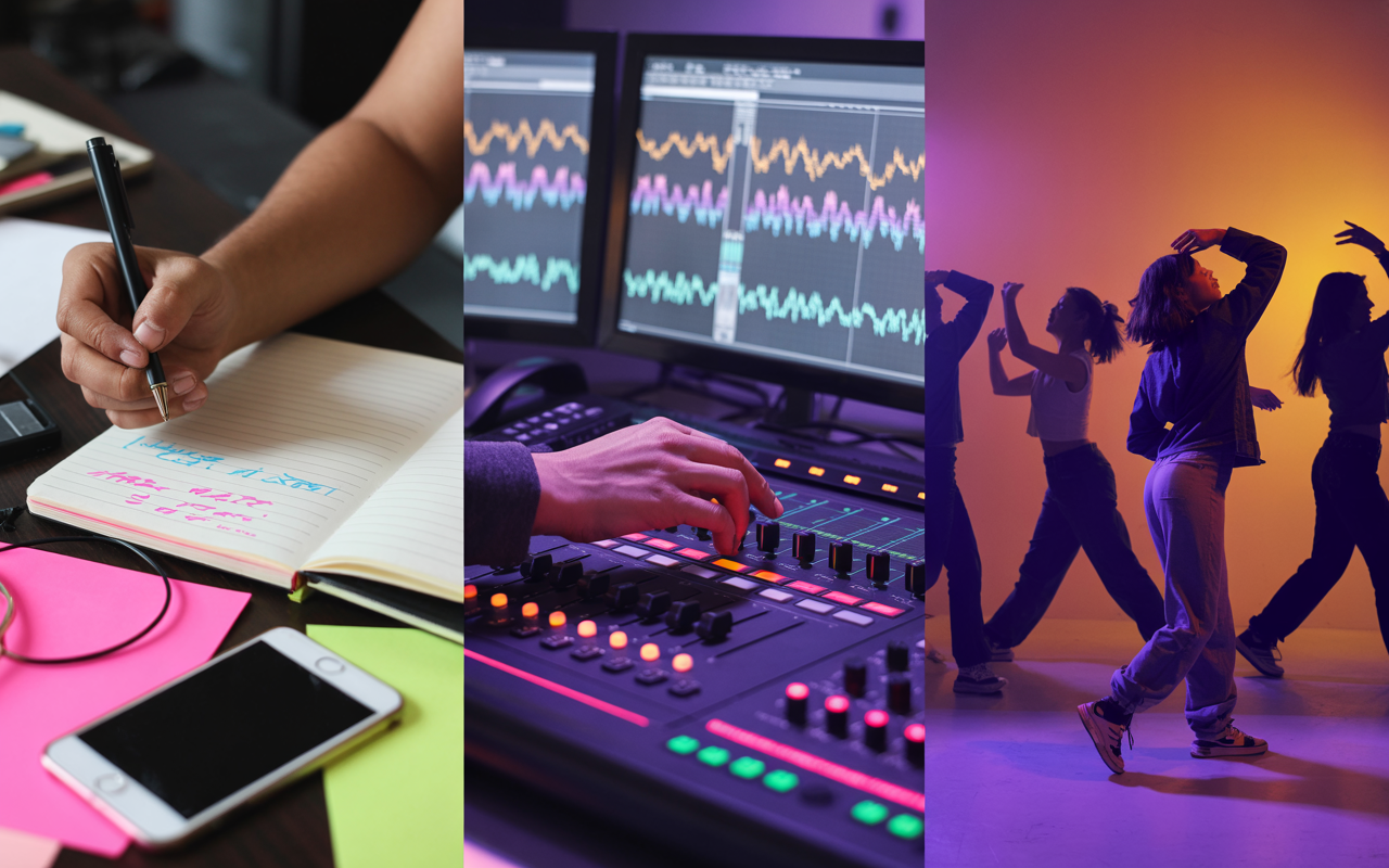 Imagem dividida mostrando o processo criativo: escrever letra, ajustar beat e testar coreografia de funk. Estilo realista, tons energéticos.