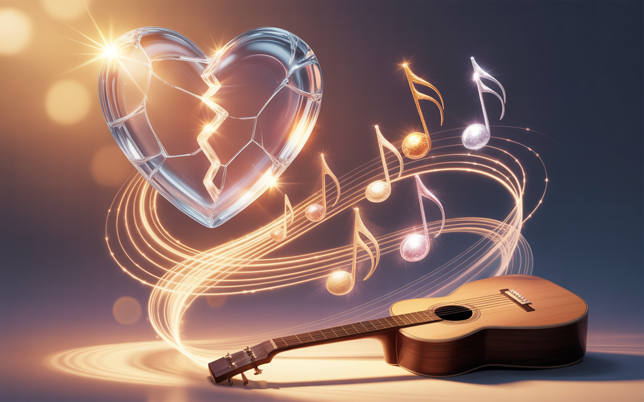 Imagem simbólica de um coração partido se transformando em notas musicais que entram em um violão iluminado, simbolizando transformar dor em arte através da música.