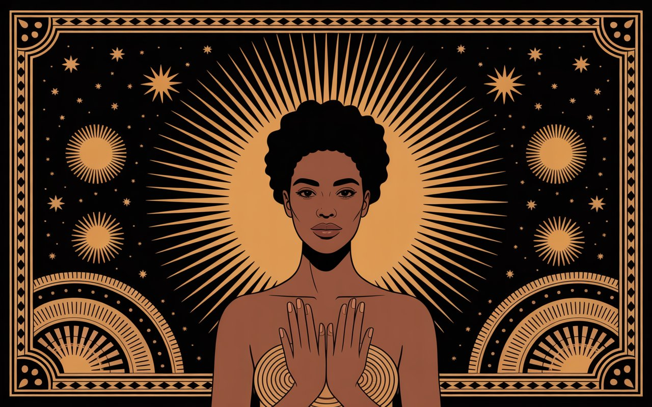 Mulher negra irradiando luz dourada em fundo escuro, simbolizando a ideia de que a negritude é fonte de iluminação e sabedoria.