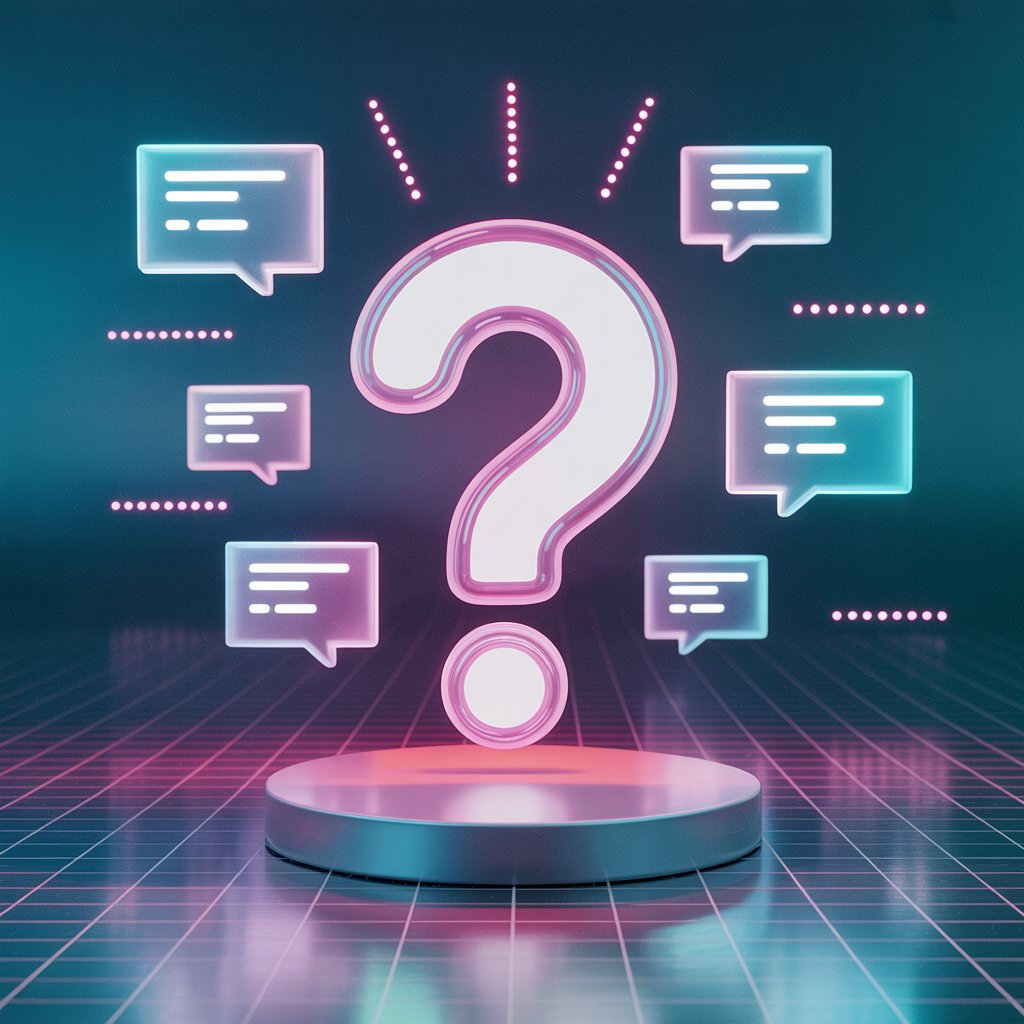 Imagem representando uma seção de perguntas frequentes com cartões e ícones de dúvida.