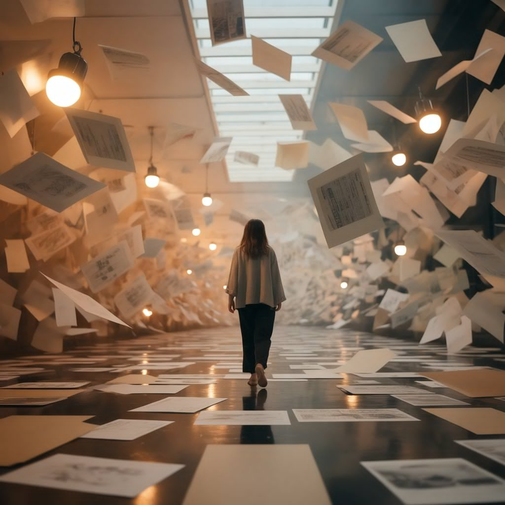 Pessoa caminhando em meio a elementos flutuantes que simbolizam caos criativo se transformando em música.