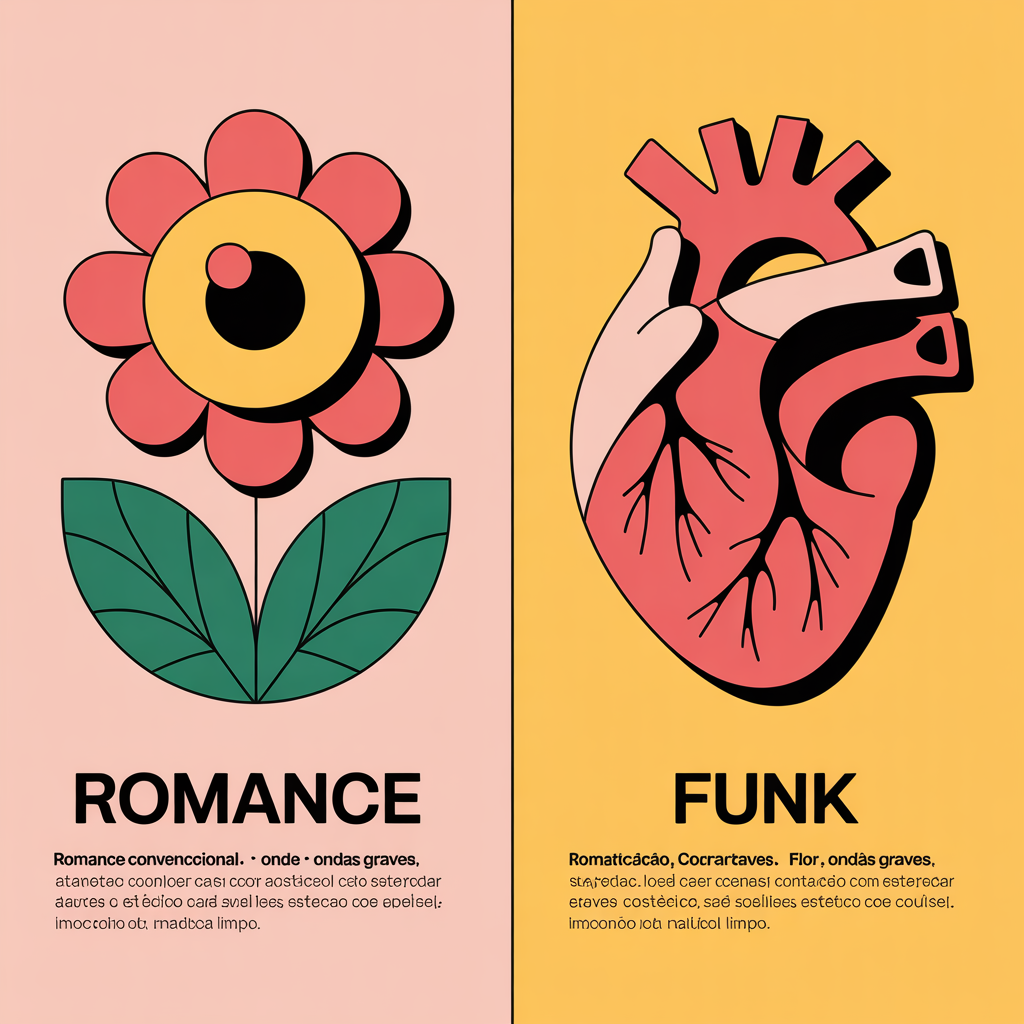 Imagem que contrasta romance tradicional com a intensidade física celebrada no funk contemporâneo.