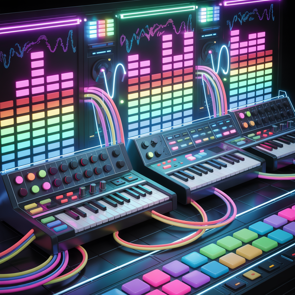 Ilustração técnica mostrando elementos de produção musical como kick, synths e equalizadores, no estilo funk rave