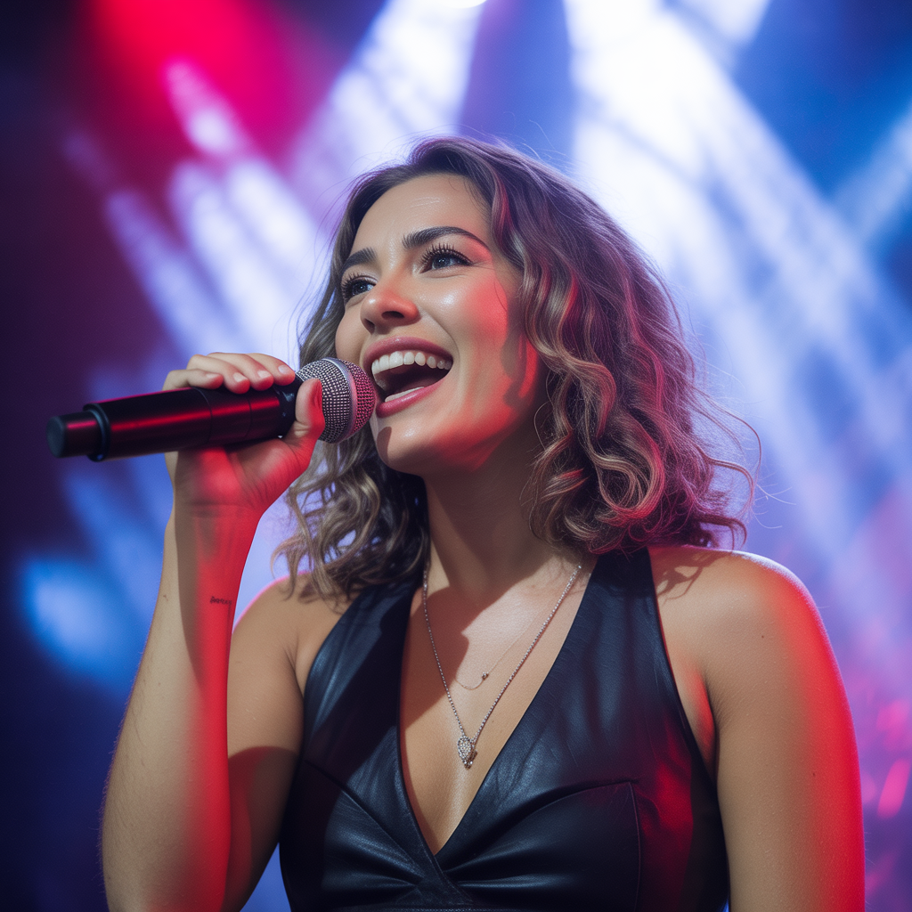 Cantora poderosa no palco com expressão intensa, simbolizando a força vocal de Simone Mendes.”