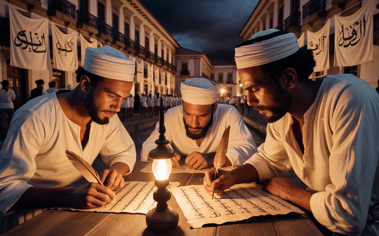 Homens negros muçulmanos escrevendo em árabe durante a Revolta dos Malês em Salvador, simbolizando resistência e fé.