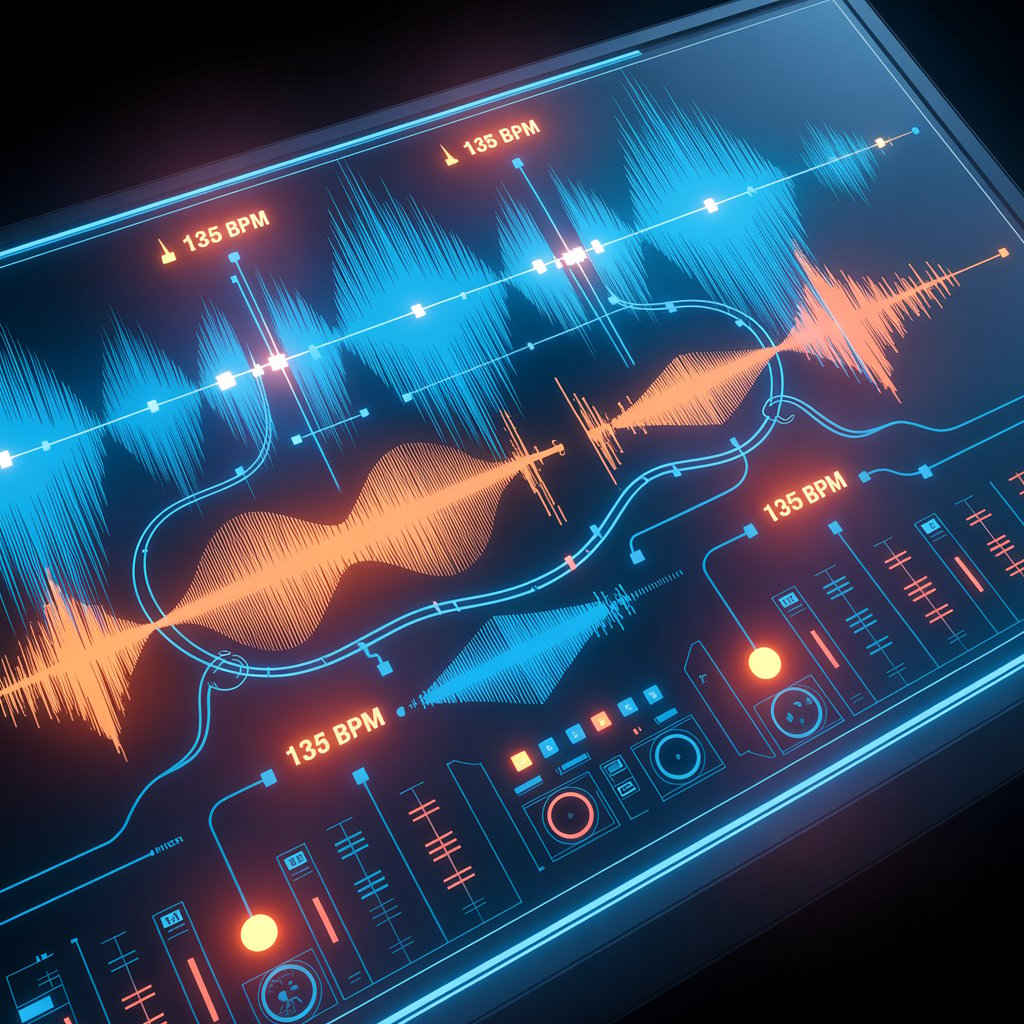Diagrama estilizado mostrando a engenharia de som de um hit Sertanejo-Funk, com ondas sonoras, BPM, riffs de violão e batidas de funk ligados por linhas luminosas.