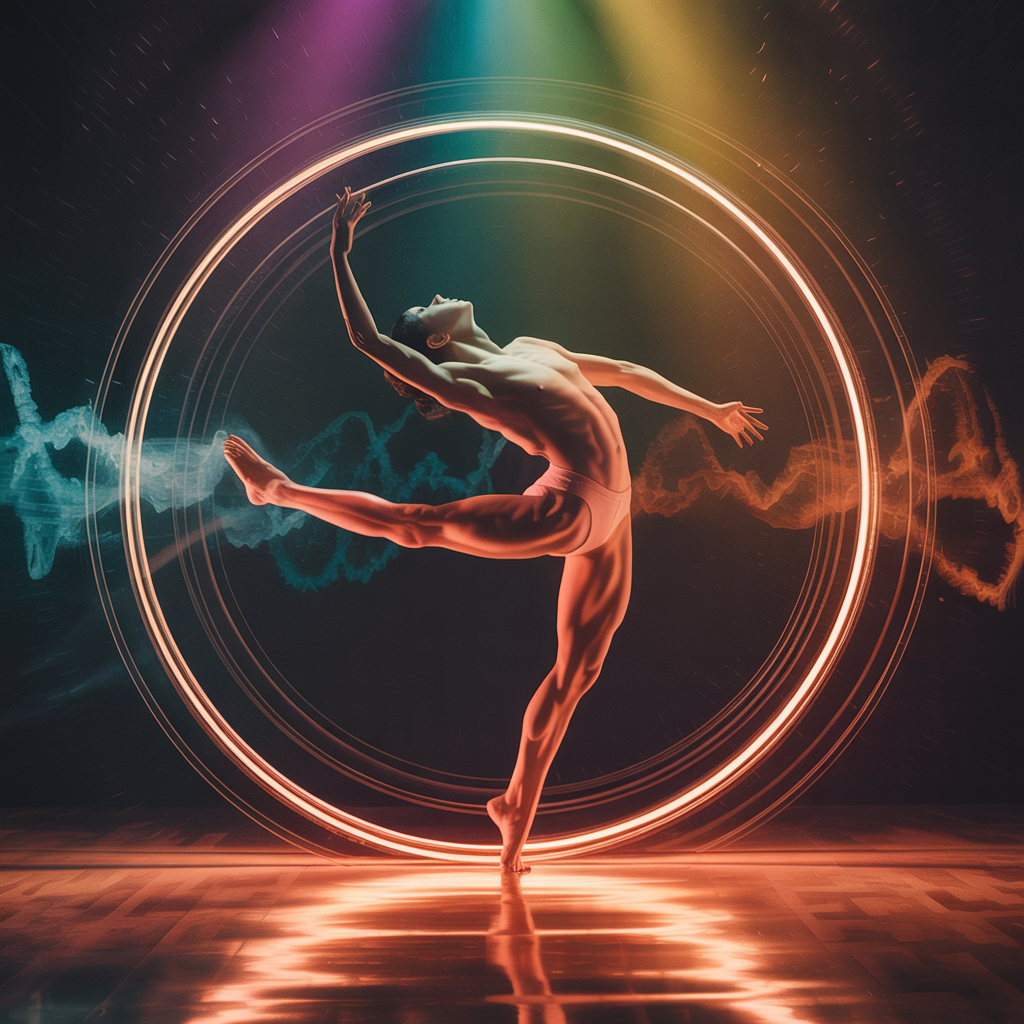 Arte abstrata com espirais de luz representando sedução e magnetismo da dança