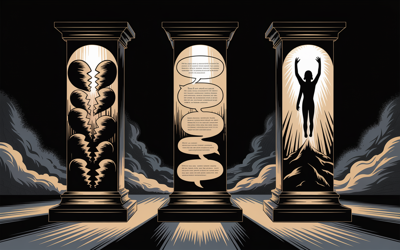 Representação visual dos três eixos temáticos da música ‘Né’: divisão patrimonial do amor, poder de ‘né’ e sofrência com confrontação