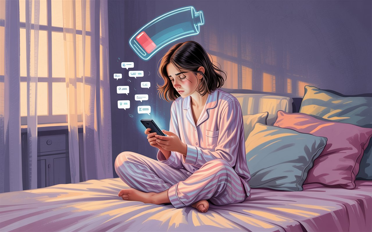 Ilustração de uma jovem em pijama sentada na cama, com pouca luz e um ícone de “bateria social” quase zerado acima dela, representando a melancolia e a solidão pós-término descritas em “Solteiro Forçado”.