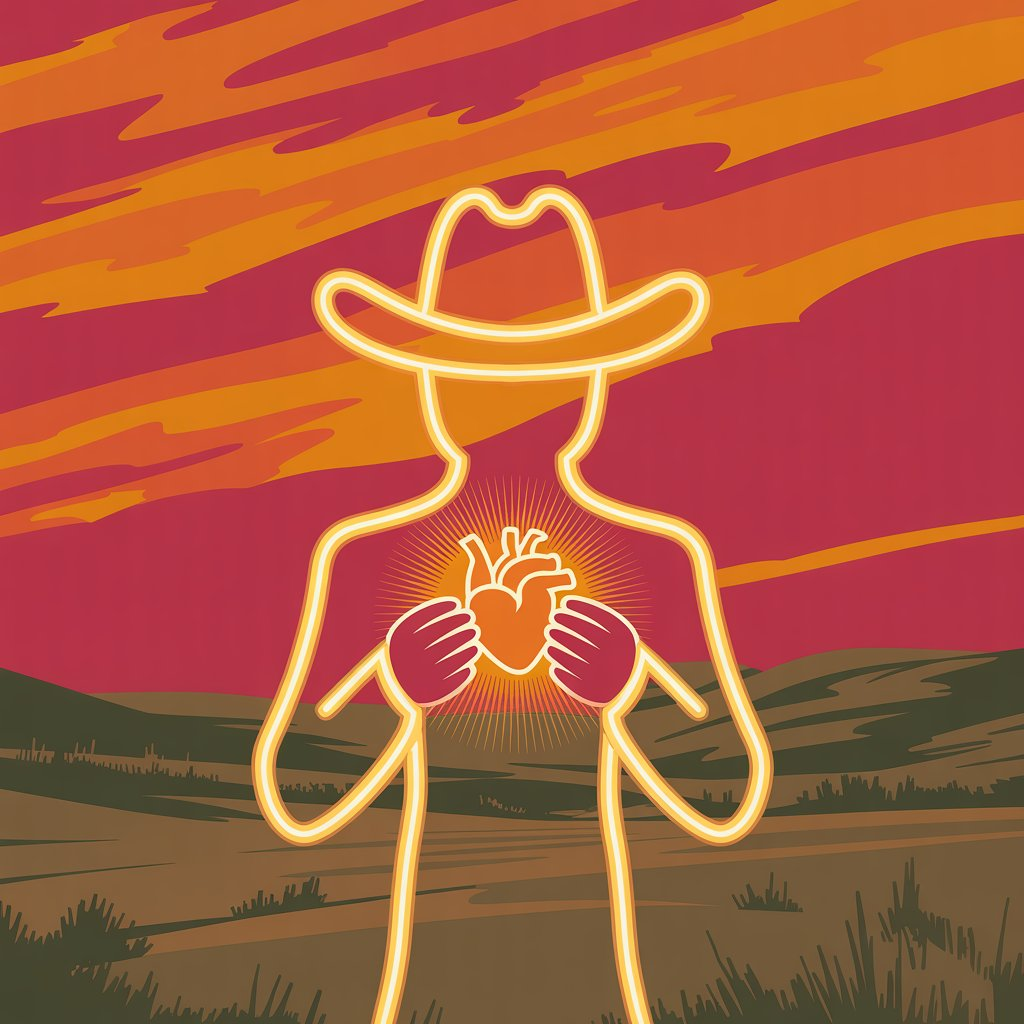 Figura abstrata de um vaqueiro segurando um coração luminoso em cenário sertanejo.