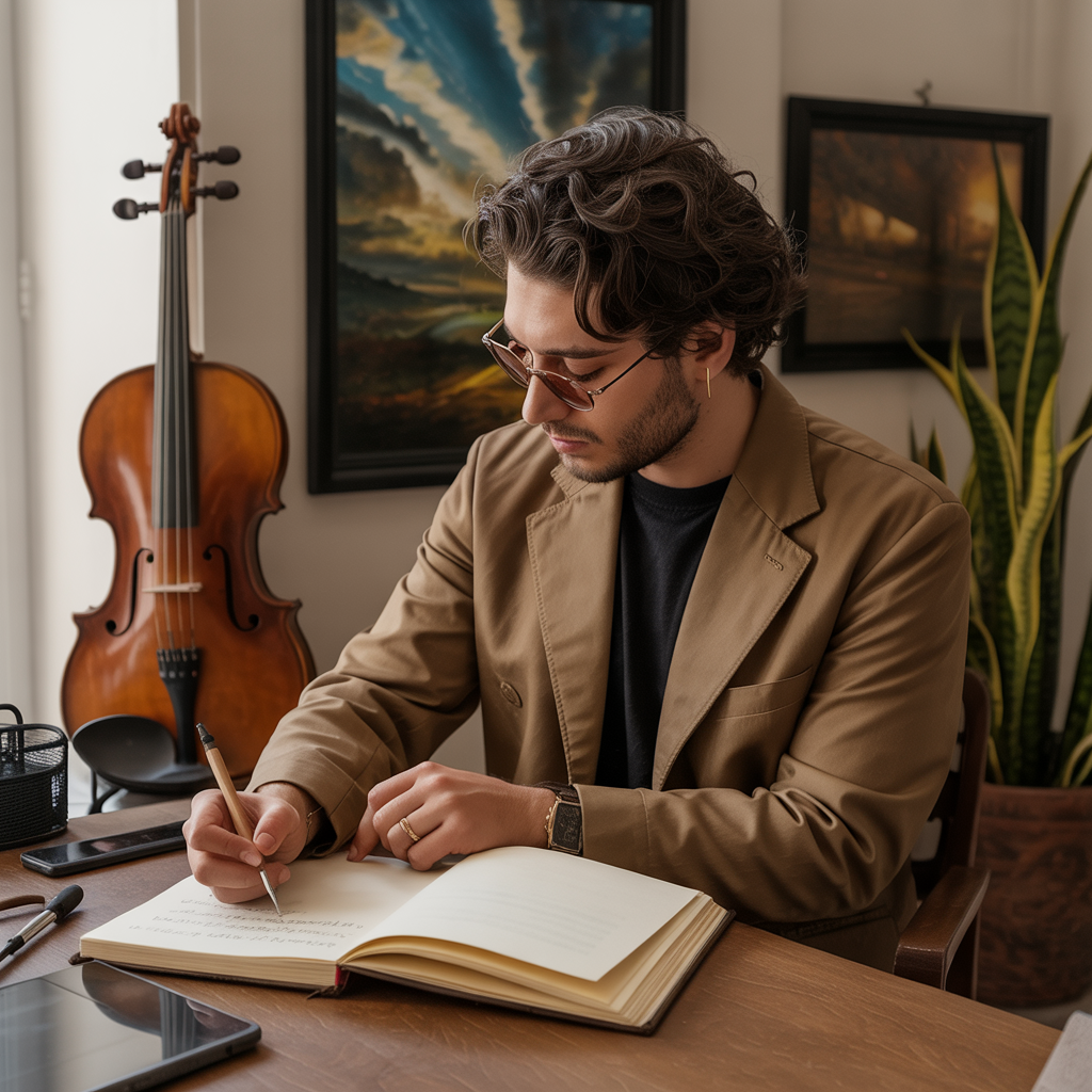 Instrumentos sertanejos e tecnologia de estúdio ilustrando a fusão entre tradição e modernidade em ‘Sua Boca Mente’.