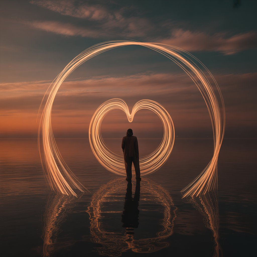 Ilustração de um coração luminoso preso em um ciclo infinito, simbolizando a saudade repetitiva da música.