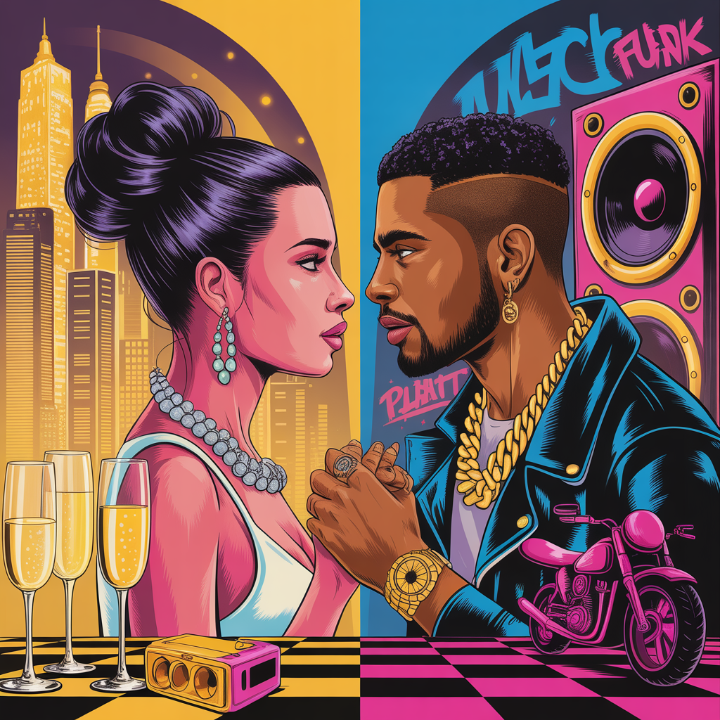 Ilustração mostrando o contraste social entre uma “patricinha” de classe alta e um “maloqueiro” da periferia, com elementos de luxo de um lado e estética de rua do outro, representando a temática da música “Ama Um Maloqueiro”.