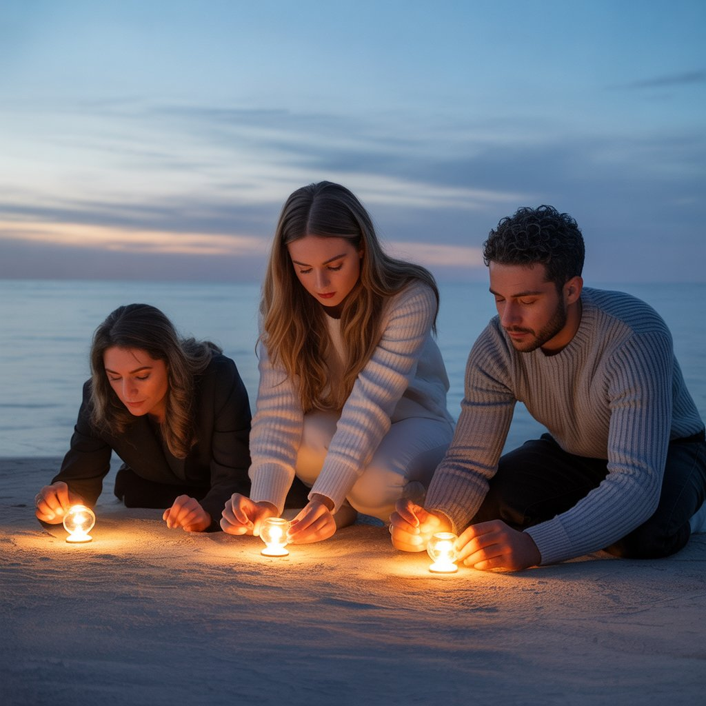 Pessoas segurando pequenas luzes no peito, simbolizando a universalidade da saudade.