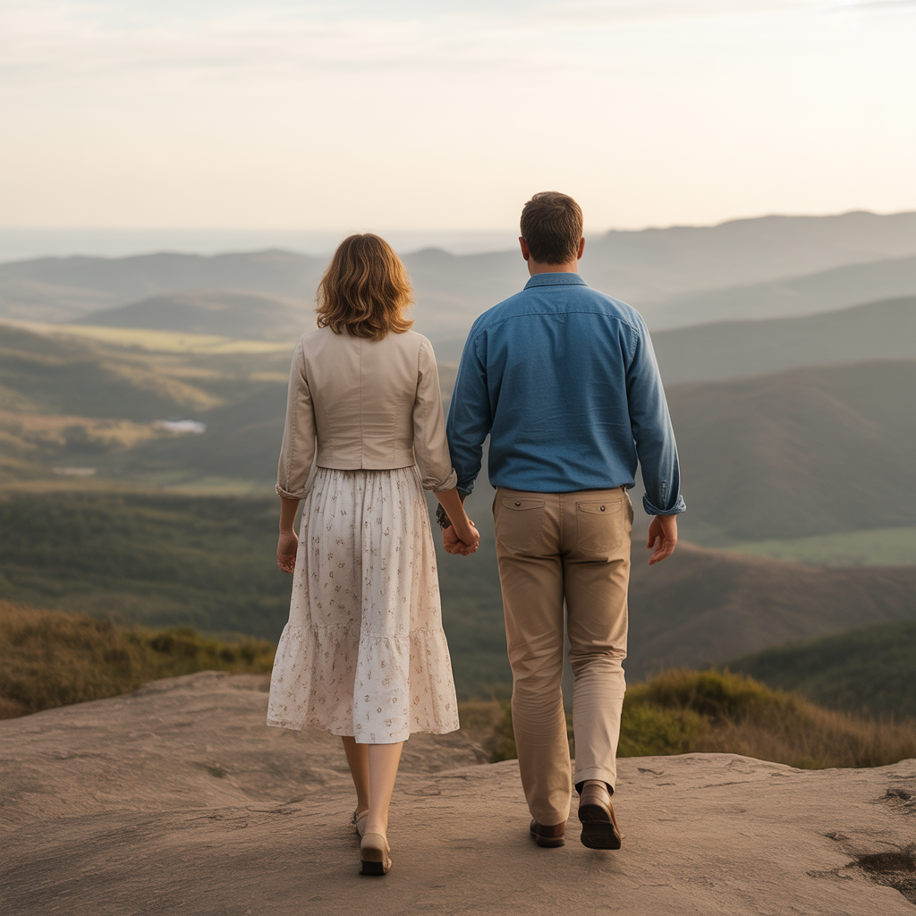 Ilustração de um casal caminhando de mãos dadas em direção a um horizonte dourado, simbolizando um amor resiliente que não desiste.