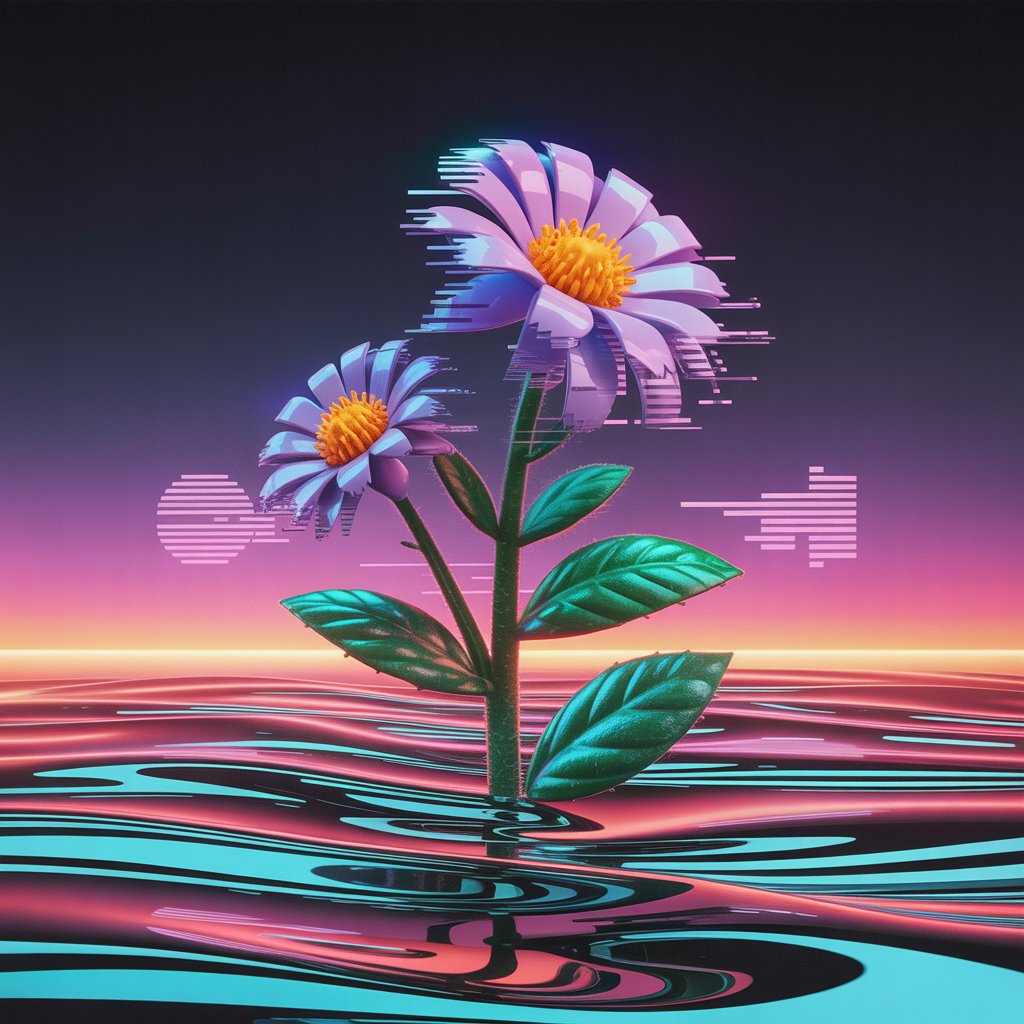 Imagem futurista simbolizando o futuro do funk e a subversão do romance, com flores em glitch e ondas sonoras.