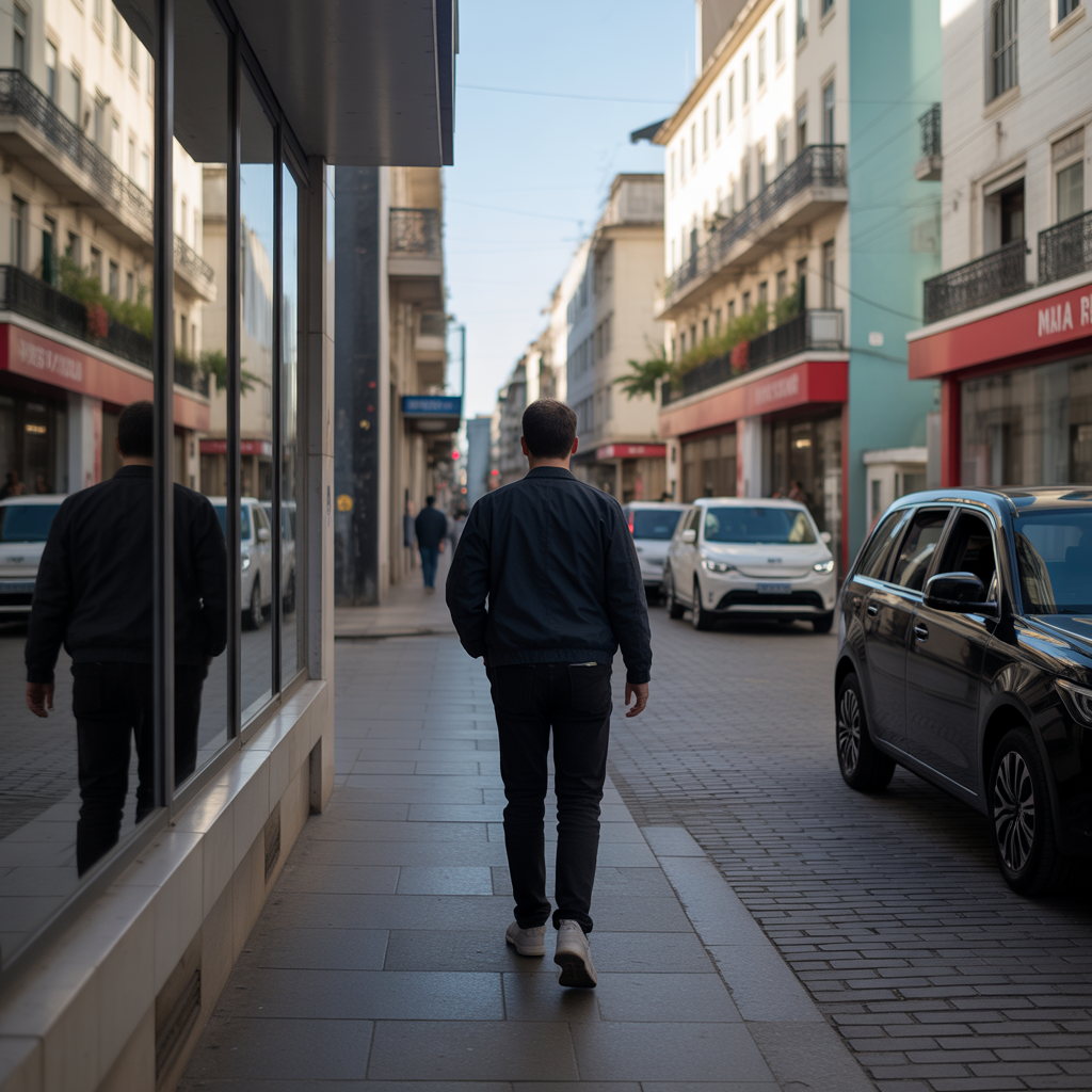 “Pessoa vendo ilusões do ex nos reflexos da cidade, simbolizando a negação emocional.”