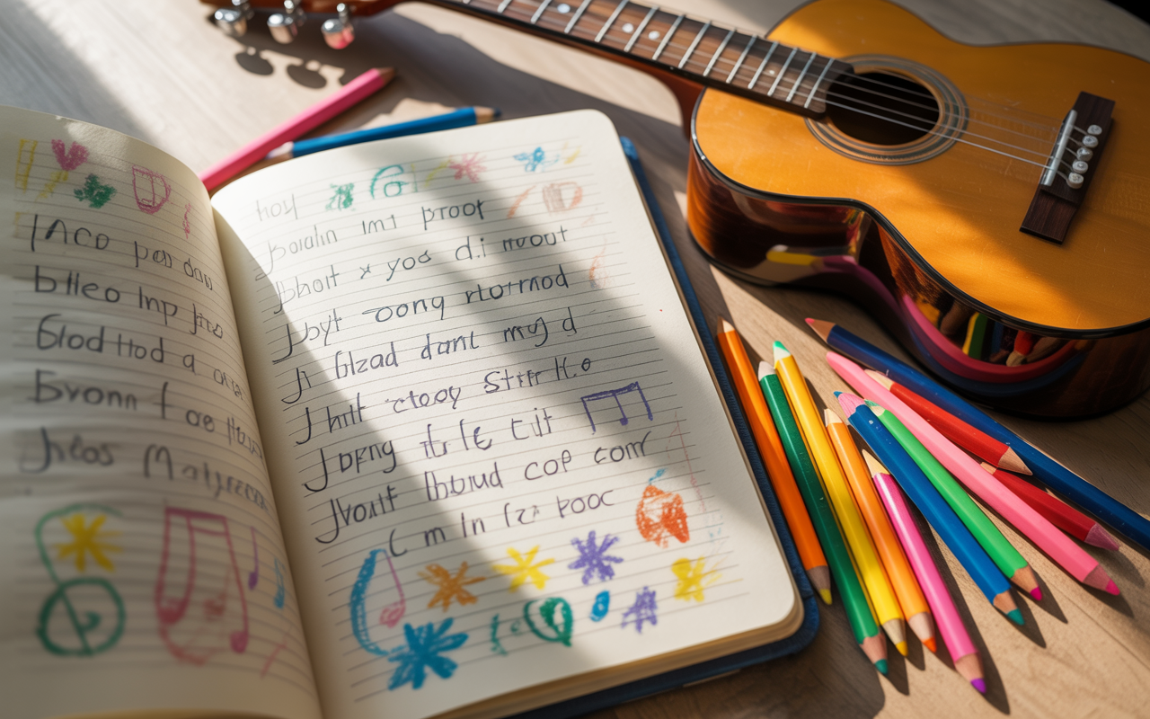 Letras da canção ‘Somos a Música’ escritas por crianças, simbolizando expressão artística e criatividade.