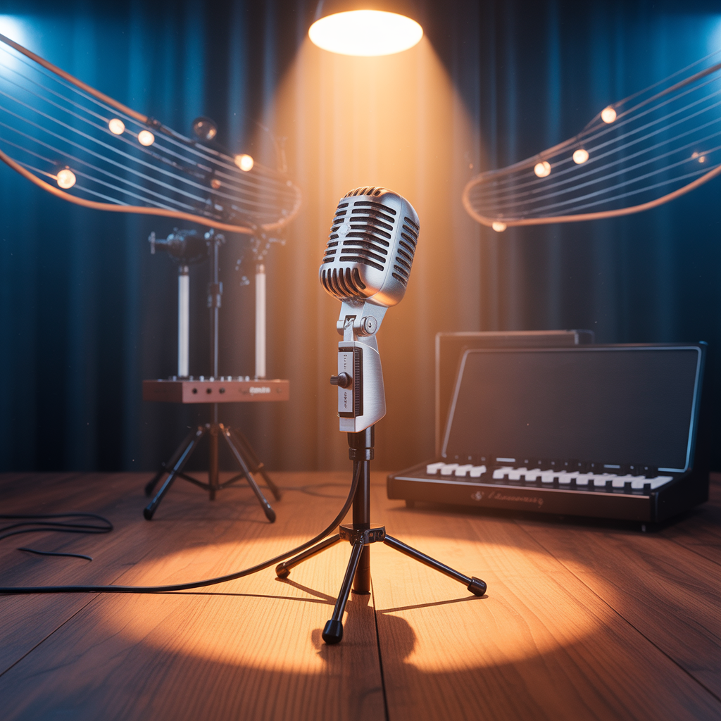 Imagem de um microfone vintage iluminado por luzes de arena, com cordas orquestrais representadas como energia dourada ao redor, simbolizando o estilo ‘Classic’ de Gusttavo Lima.