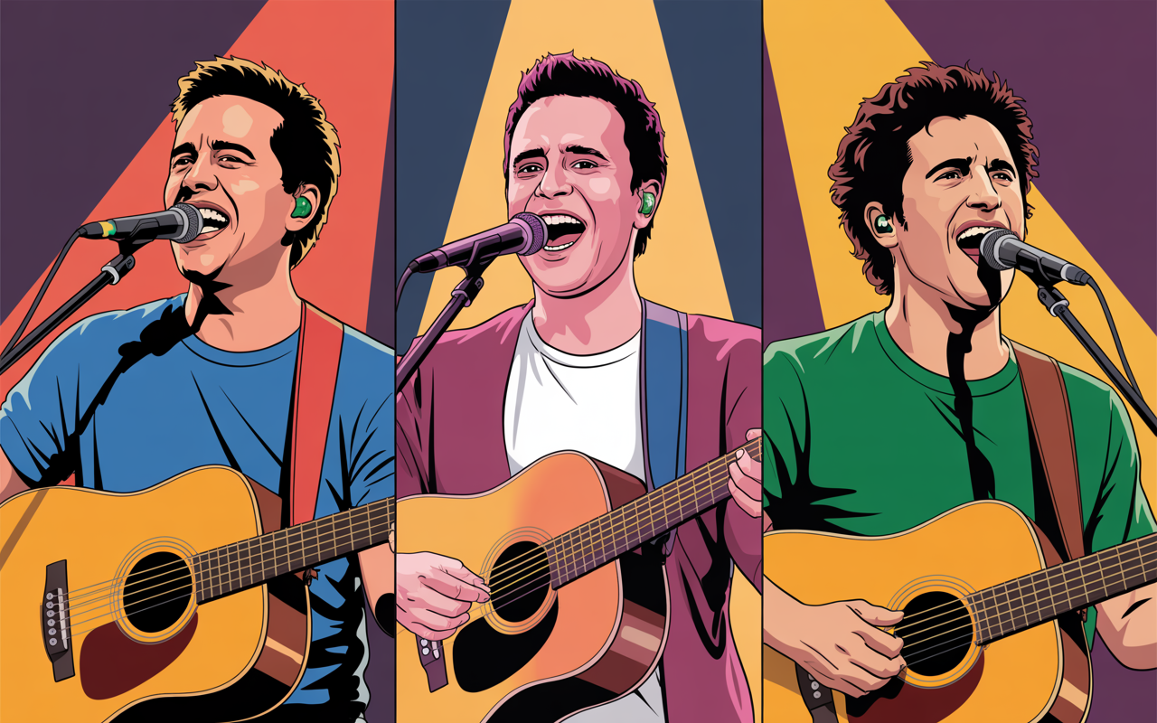 Retrato artístico de Panda, Ícaro e Gilmar cantando juntos no palco, com luzes dramáticas e microfones, simbolizando a força vocal da colaboração.