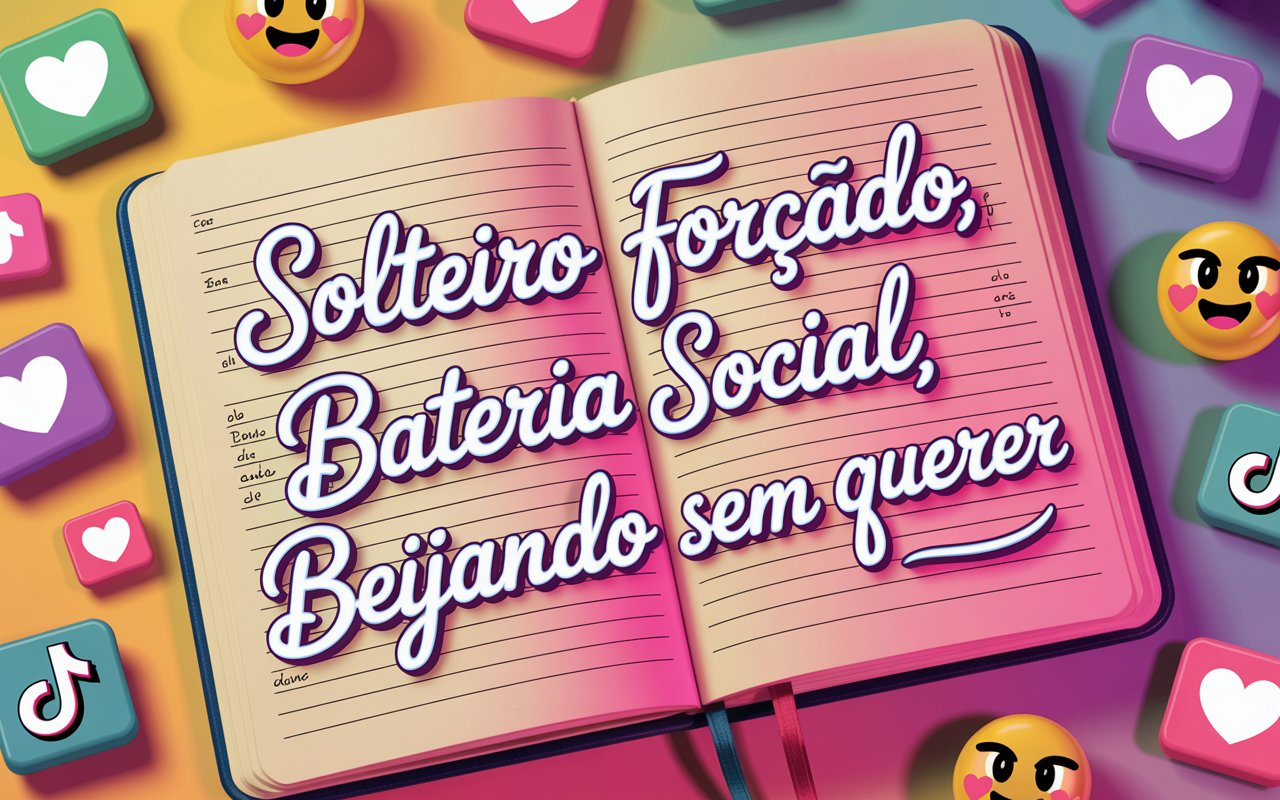 Imagem de letras manuscritas com frases virais como “solteiro forçado” e “bateria social”, cercadas por ícones de redes sociais, representando a força da composição moderna.