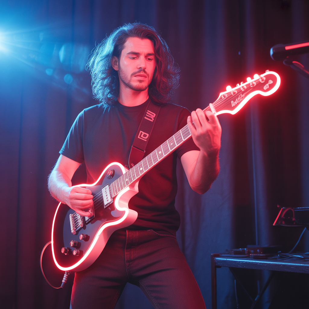 Guitarra elétrica emitindo explosões de luz, representando riff marcante da música.